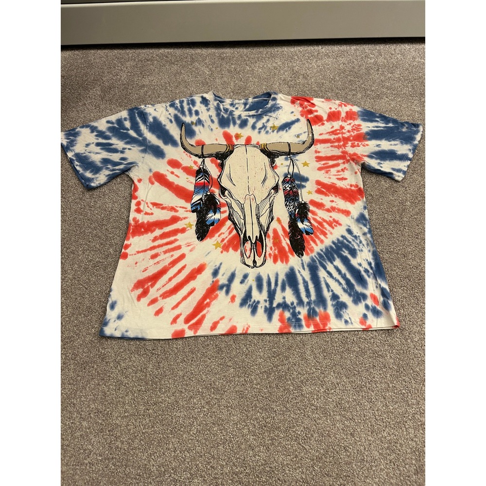 Vintage Bull Skull Graphic Tee Girls XL Red White Blue Tie Dye Excellent Boho
